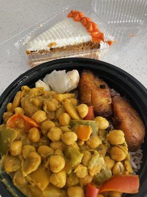 Veggie plate with curried chickpeas, rice and plantains and carrot cake