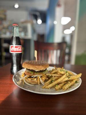 Hamburger with garlic fries