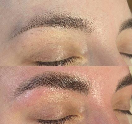 Brow Lamination before and after. Lamination last up to 6-8 weeks. Eyebrows are most dramatic first 24-48 hours