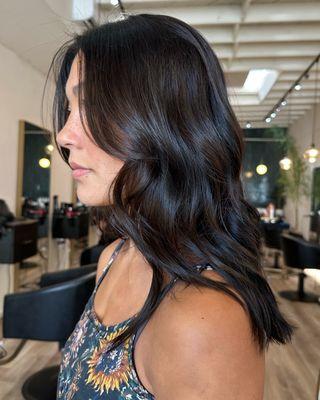 Chocolate brunette with face framing layers 
Color by Jasmin 
Cut by Nona