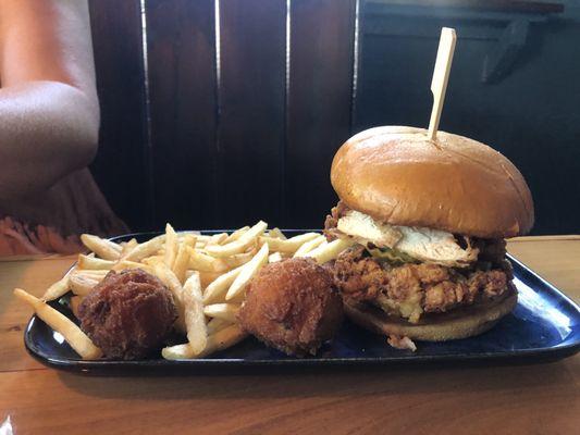 Southern chicken sandwich with fries and it came with hush puppies!