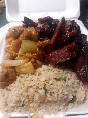 Fried rice, Kampo chicken,  and BBQ pork.