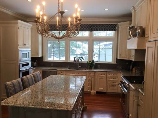 Kitchen in 1 1/4" Santa Cecilia with an ogee edge. Chestnut Hill, MA