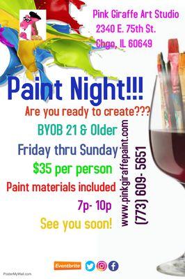 Weekly Paint and Sips! www.pinkgiraffepaint.com