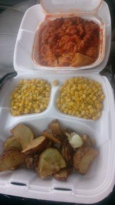 Lasagna, home fries, and corn. The portion of lasagna and sides makes me say yes to the price and coming back.