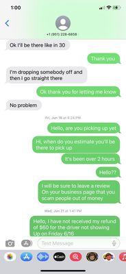 Text exchange with Valley Cab, never showed up or answered.