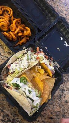 Taco trio shredded chicken and fries