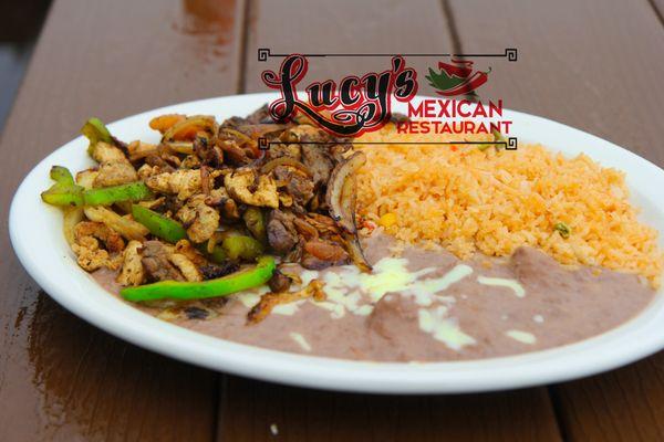 lucys fajita rice, beans + protein