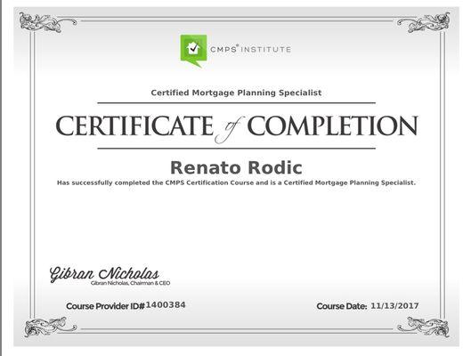 Renato Rodic, CMPS - Certified Mortgage Planning Specialist - Certificate of Completion