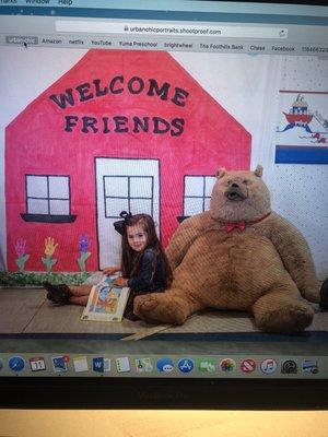 Freddie Bear loves when students read to him. Come meet Freddie and say hi .