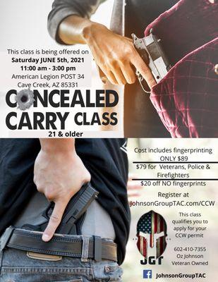 We offer monthly CCW classes. https://johnsongrouptac.com/ccw