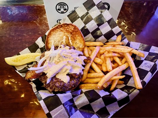 STILTON (on gluten free bun) roasted garlic, stilton bleu cheese, & a side of spicy brown mustard on a wheat stout beer bun