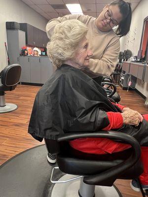 Styling Grandma's hair!