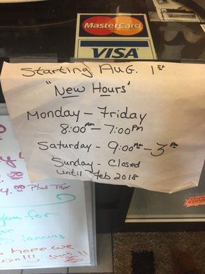 Hours posted on counter