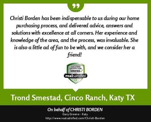 Christi Borden from our Katy office has a satisfied customer!