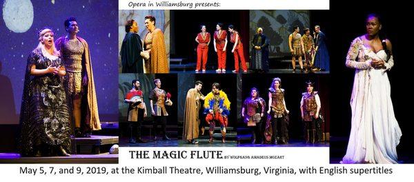 Collage of pictures from The Magic Flute (May 5, 7, and 9, 2019) by Opera in Williamsburg