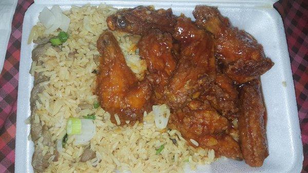 Honey wings with beef fried rice.