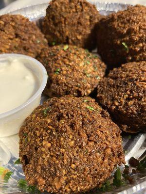 Falafel (6 pc) $7.99 Fresh ground chick peas with herbs and spices, fried until golden brown and served with special tahini sauce