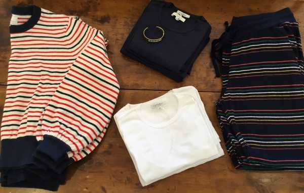 Say it with stripes: Trovata’s cotton cashmere top $195; Sundry leggings $110; capped sleeve tees $60