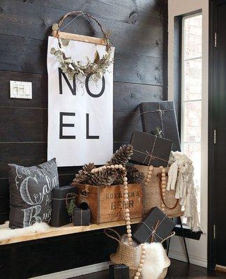 Modern rustic entry styled for Christmas.