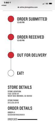 Order tracker.  Less that one mile.  Out for deliver within 10 mins.  It was out for delivery for 50mins!!