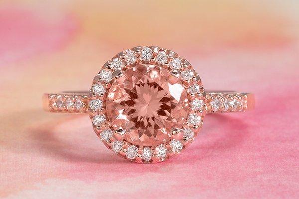 Morganite with a halo of white diamonds