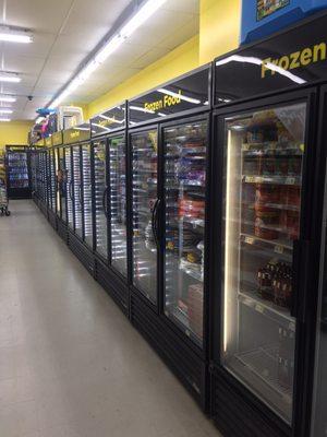 Frozen food aisle on left side of store