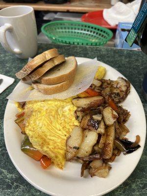 Cowboy Omelette, home fries, rye toast & coffee