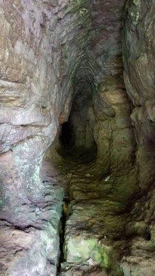 Through the hole of one of the bars to the cave