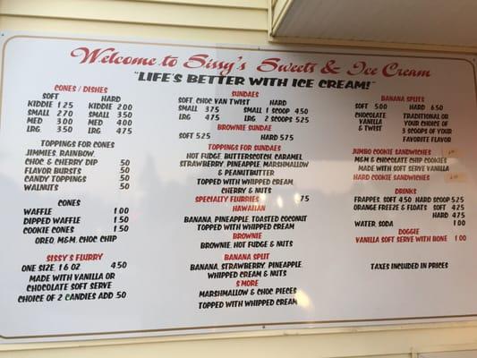 Menu with prices