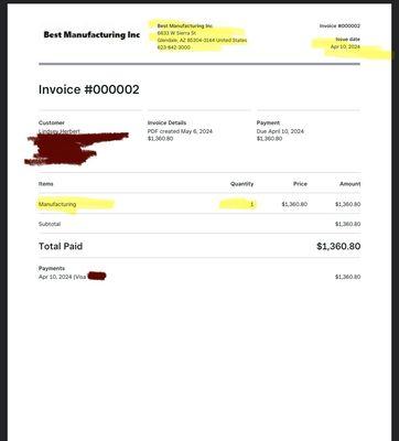 Invoice for item I never bought or received. I was a victim of $1360.80 fraud because of this place.