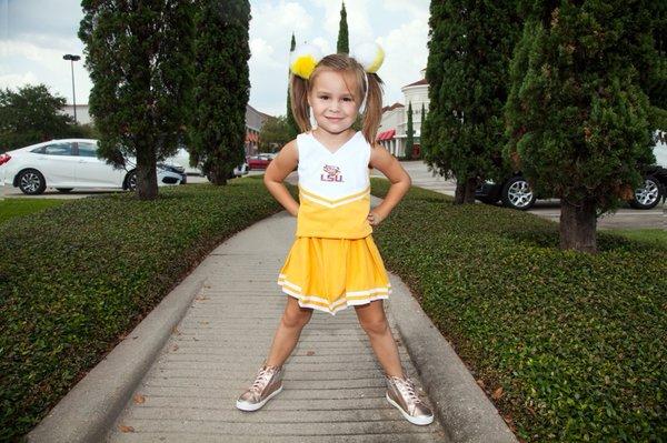 Cheerleader outfits available in sizes Infant to 10.