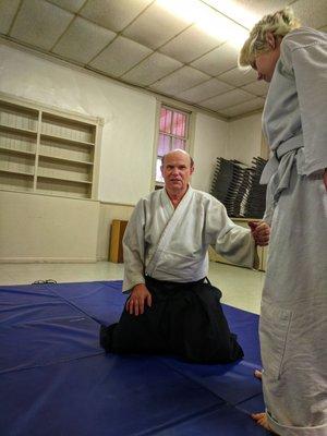 During this morning's aikido class, we practiced a technique in hamni-handachi, when your attacker is standing and you are sitting in seiza.