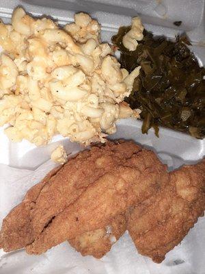 Fried whiting/Mac cheese and collards