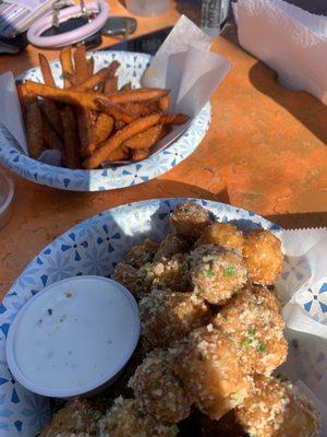 Garlic Parmesan tots and sweet potato fries