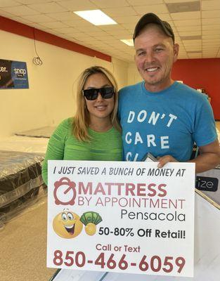 A satisfied couple who saved a bunch on money at Mattress By Appointment!