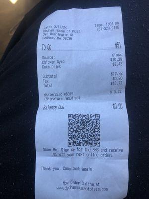 My receipt of the purchase in the Gyro in a soda