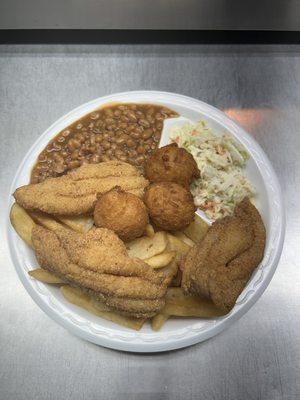 This is a 3pc fish plate with fries, baked beans, and our homemade coleslaw