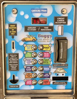 Our self-serve bays have everything you need! You can use any function once the machine is on. Bays accept cash or credit and is open 24/7