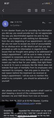 my response to tax agent cynthia skeeter after being discriminated against. & receiving email that her husband is in fear for her safety