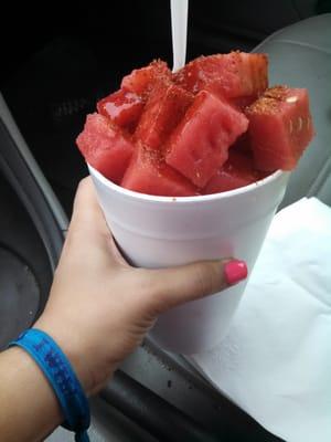 Huge watermelon cup with chamoy, lime juice, and chile powder. Gazpacho style! From one of the fruit stands in front.