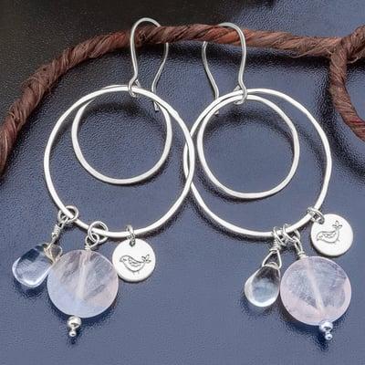 Sterling silver double hoops with Rose Quartz, Citrine and silver birdie charm