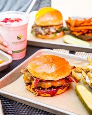 Cheesy MeltBurgers with Cheddar Bacon Ranch fries and classic deli pickle