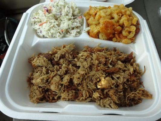 Pulled Pork plater (sides were Mac & Cheese and colelsaw) from Now We're Smokin in New Haven, CT.