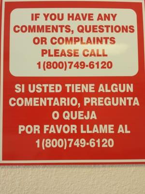 Phone number for comments, questions or complaints.