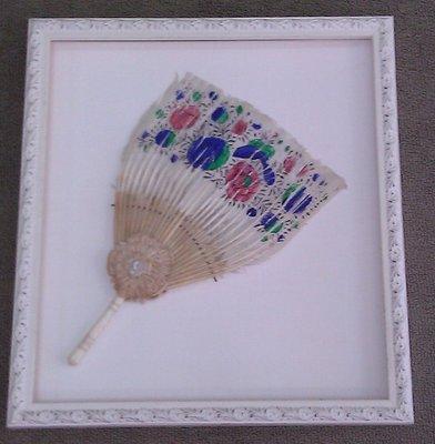 Vintage Fan, hand painted feathers, shadow box framing with museum glass