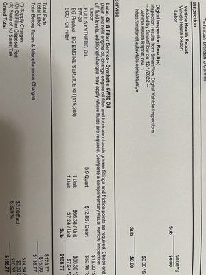 Oil change service invoice