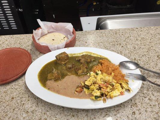 Breakfast. Green pork riblets w eggs rice n beans