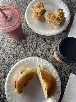 Windansea + california bagel with large fruit smoothie and small chai latte