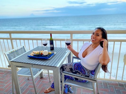 Terrace with the welcome platter of cheese and wine